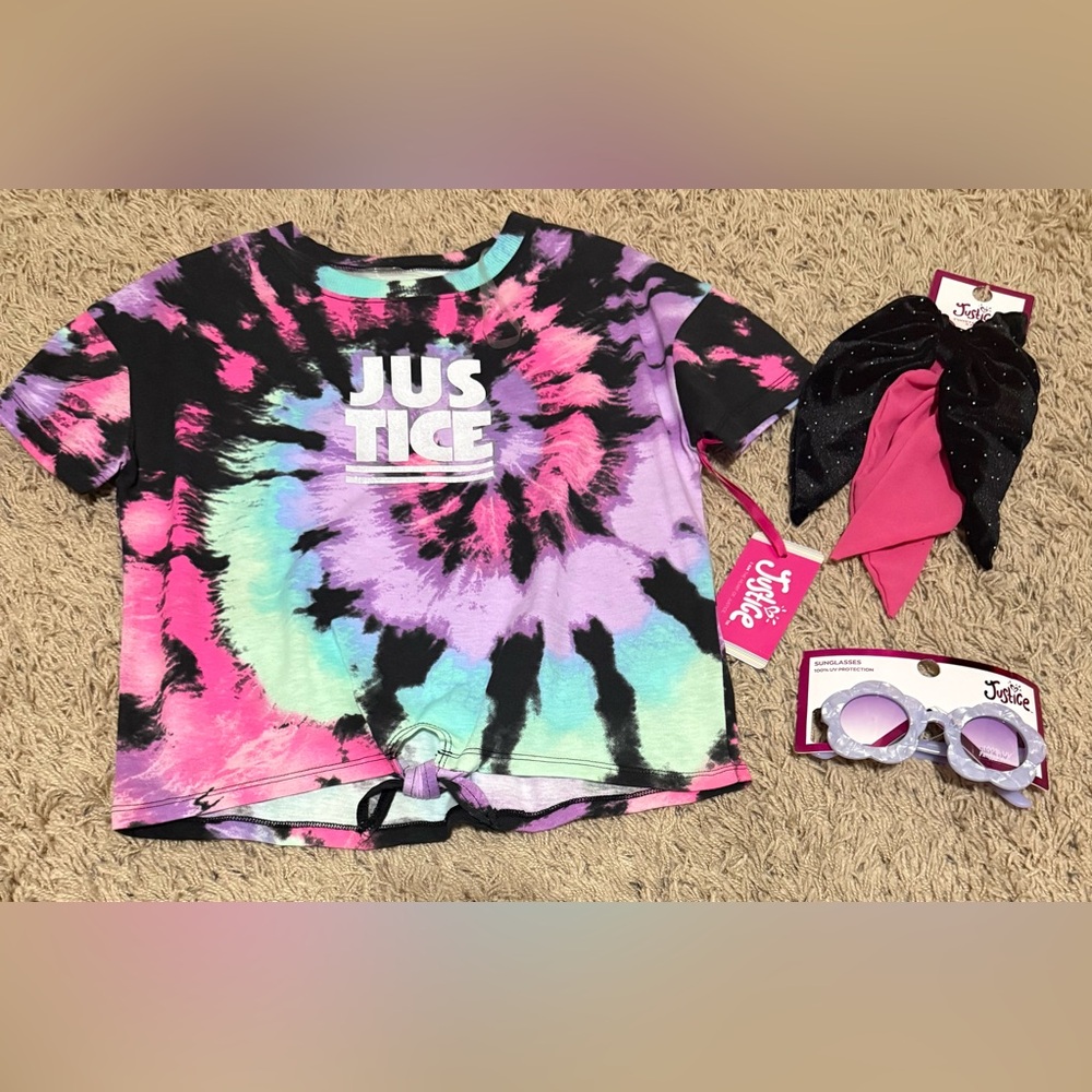 Justice Tie Front Tee, Glasses And Scarf Hair Twisters Bundle Size: S (7-8)